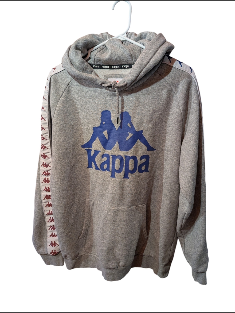 Kappa Grey Hoodie with Blue Logo and Red-Accented Sleeve Tape